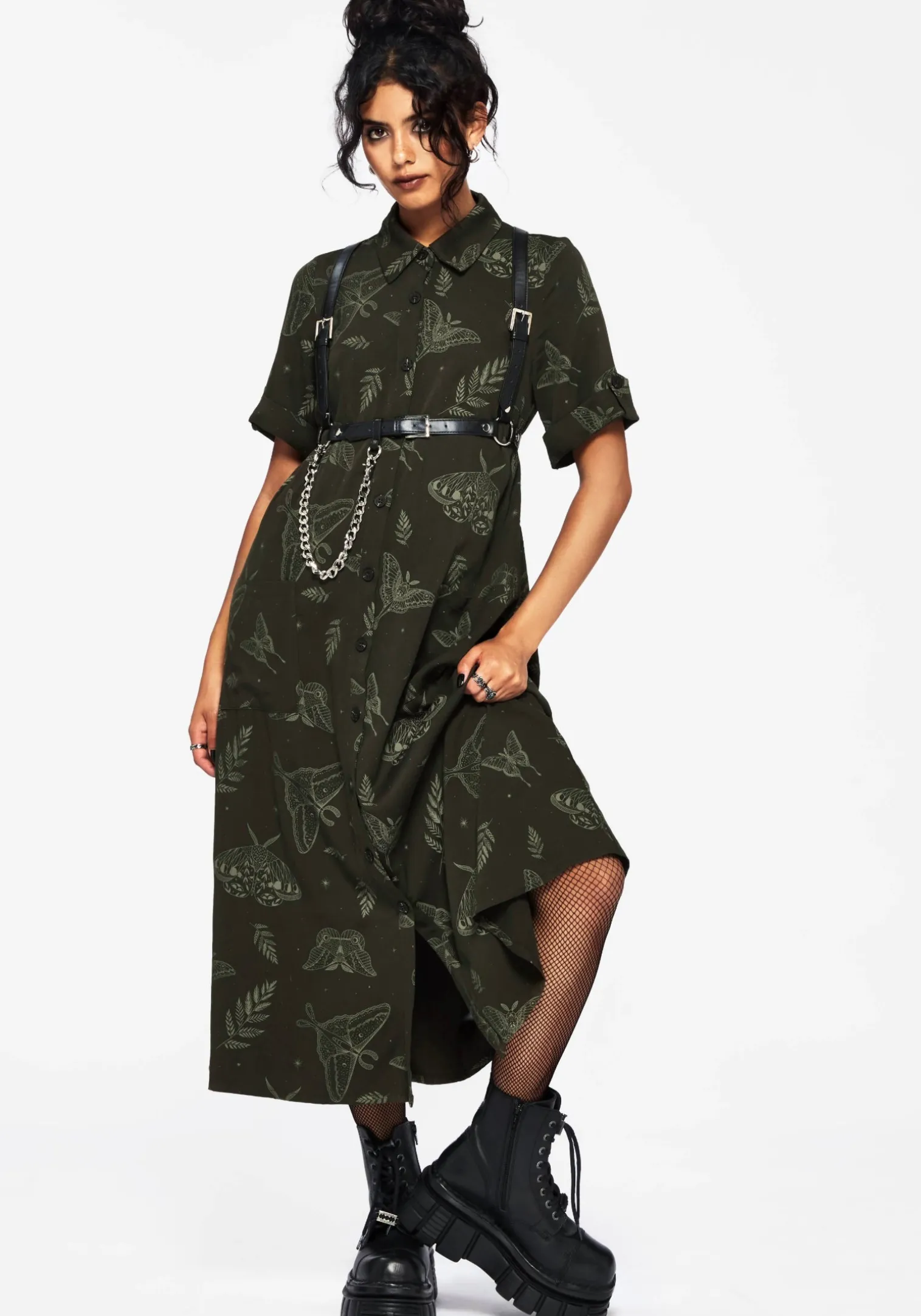 Callopistria Moth Print Midi Shirt Dress - Green