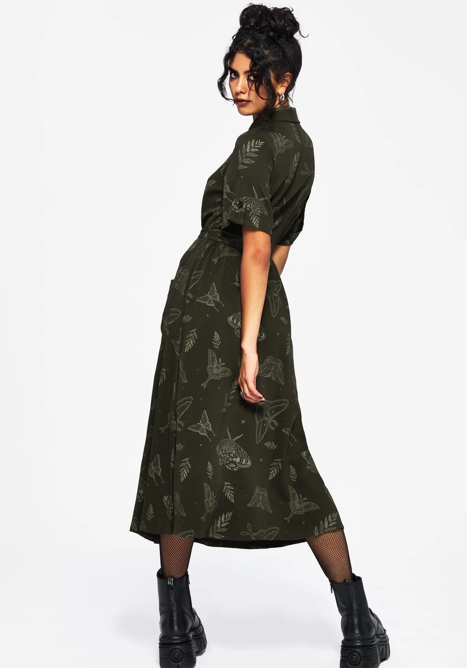 Callopistria Moth Print Midi Shirt Dress - Green