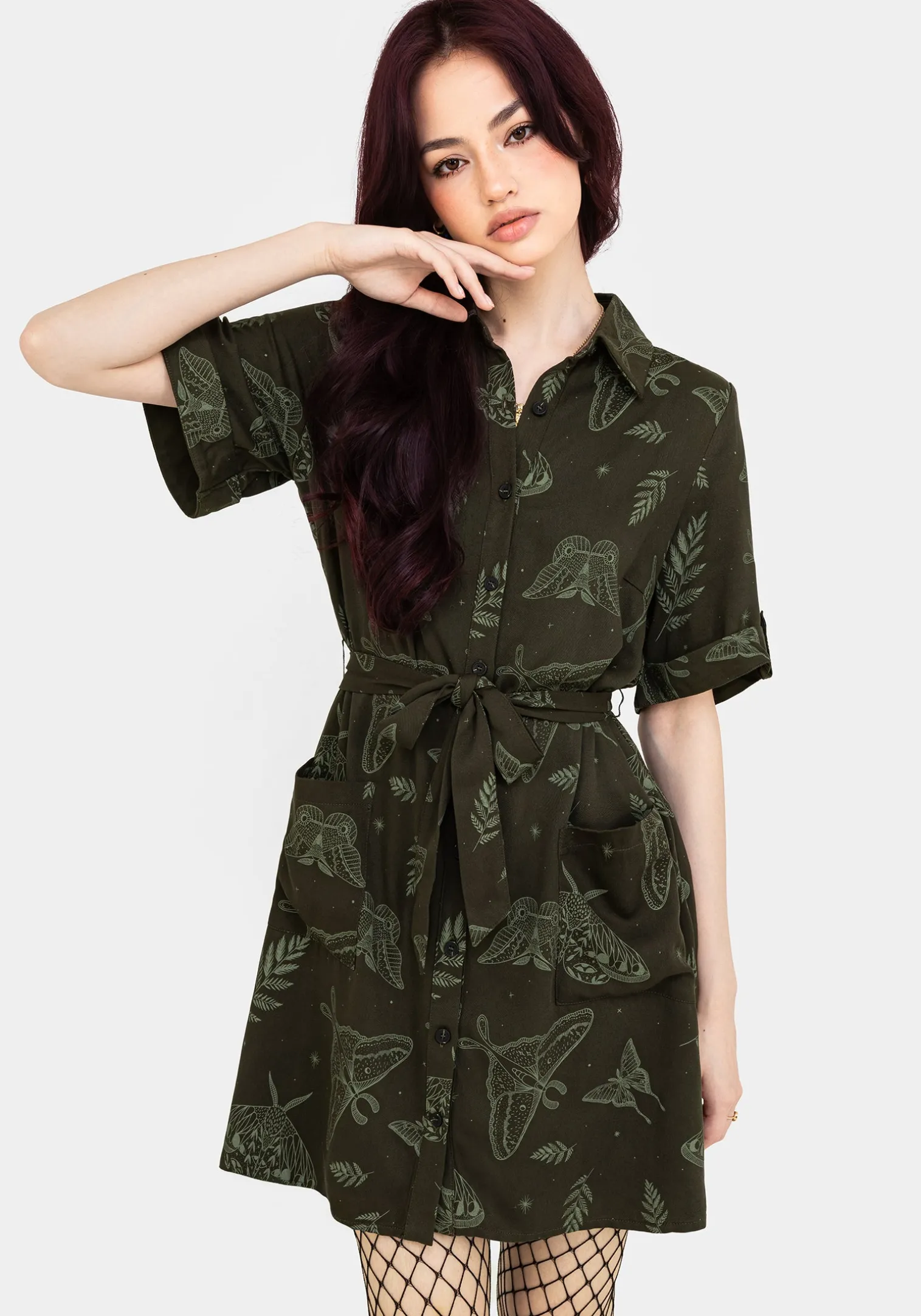 Callopistria Moth Print Mini Shirt Dress - Green