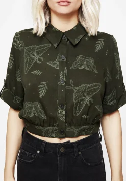 Callopistria Moth Print Short Sleeve Crop Shirt - Green