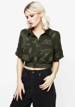 Callopistria Moth Print Short Sleeve Crop Shirt - Green