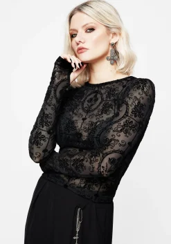 Cameo Floral Flocked Mesh Long Sleeve Top