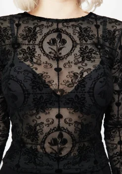 Cameo Floral Flocked Mesh Long Sleeve Top