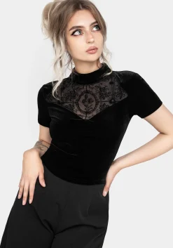 Cameo Floral Flocked Mesh Velour High Neck Top