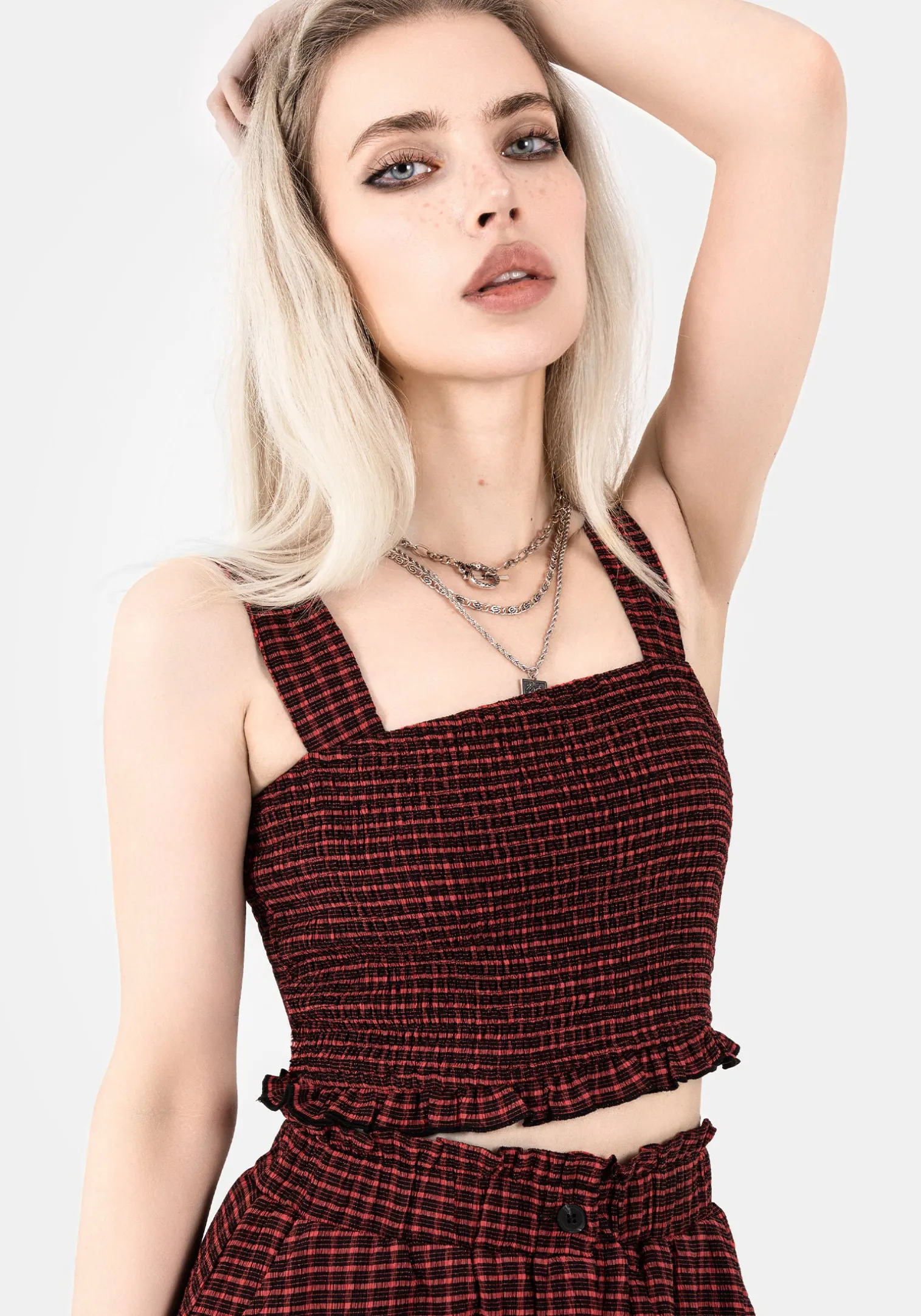 Carmine Textured Check Crop Top