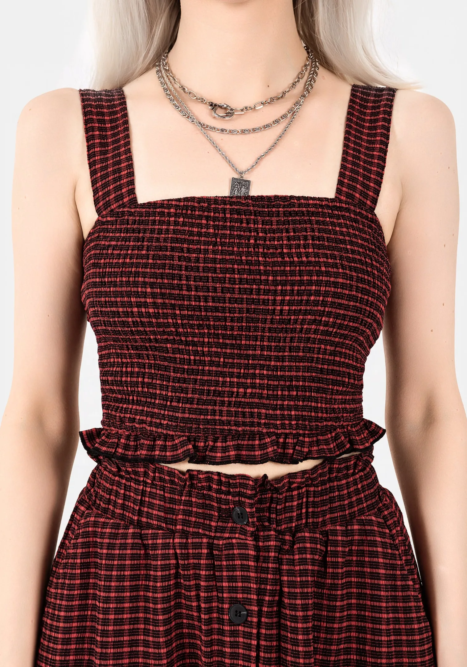 Carmine Textured Check Crop Top