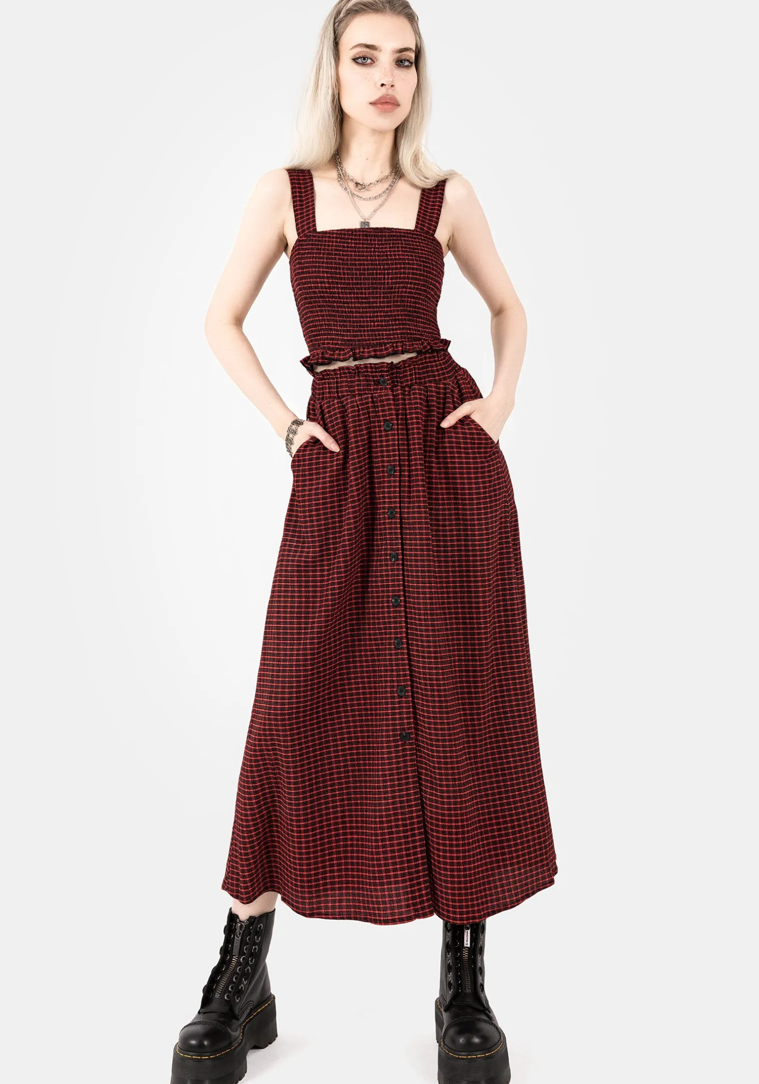 Carmine Textured Check Crop Top