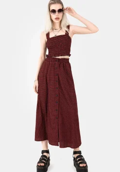 Carmine Textured Check Crop Top