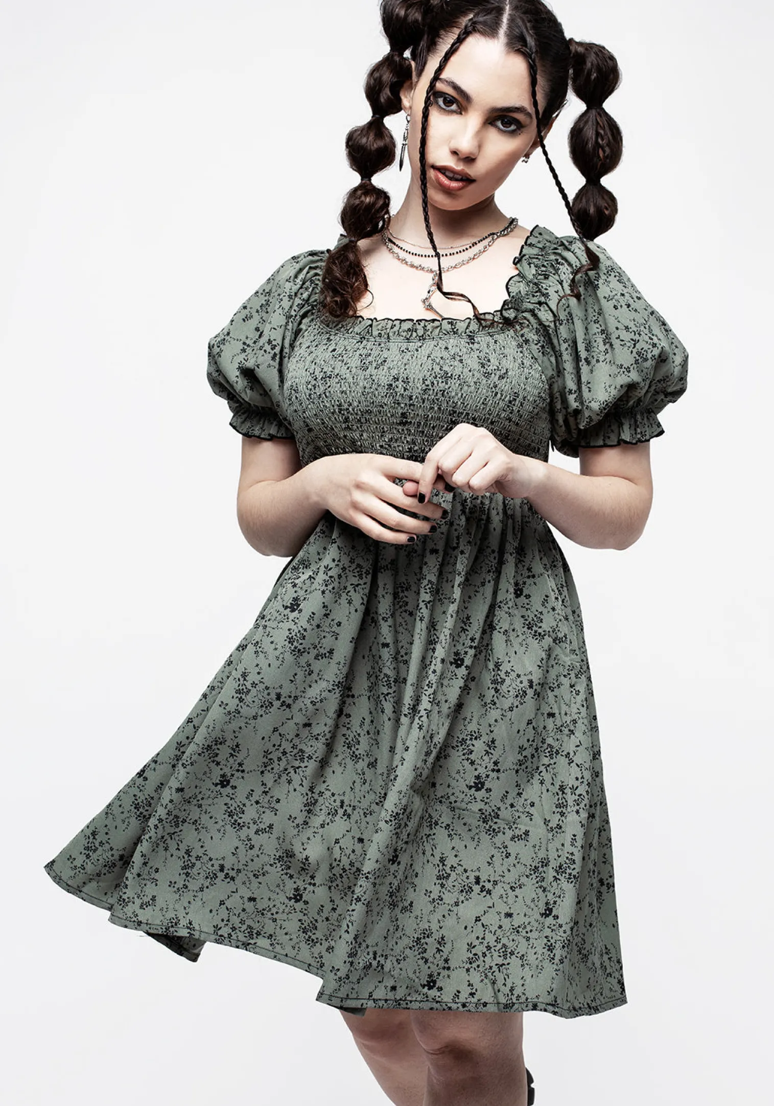 Cassie Green Floral Mini Babydoll Dress