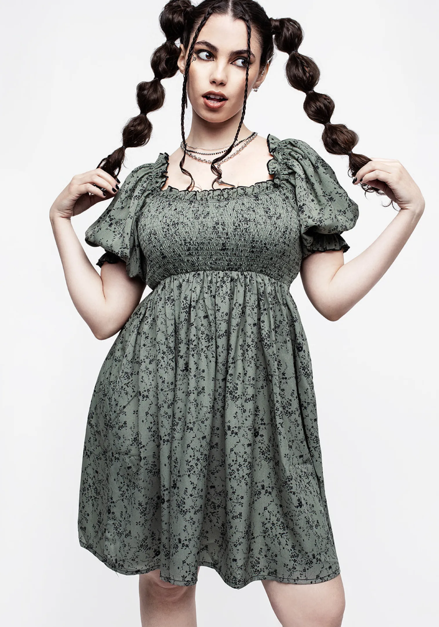 Cassie Green Floral Mini Babydoll Dress