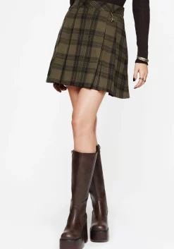 Cecily Check Pleated Mini Skirt With Frog Charm