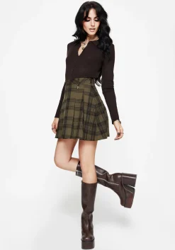 Cecily Check Pleated Mini Skirt With Frog Charm