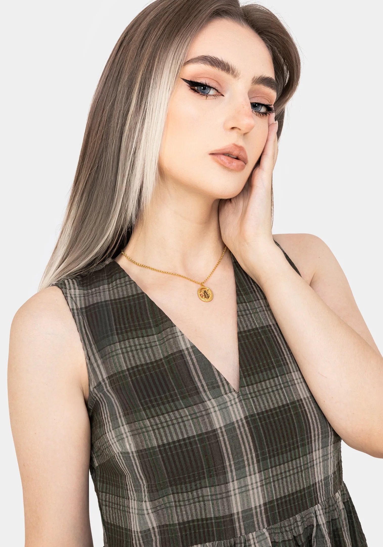 Clara Cotton Check Sleeveless Tiered Smock Midi Dress