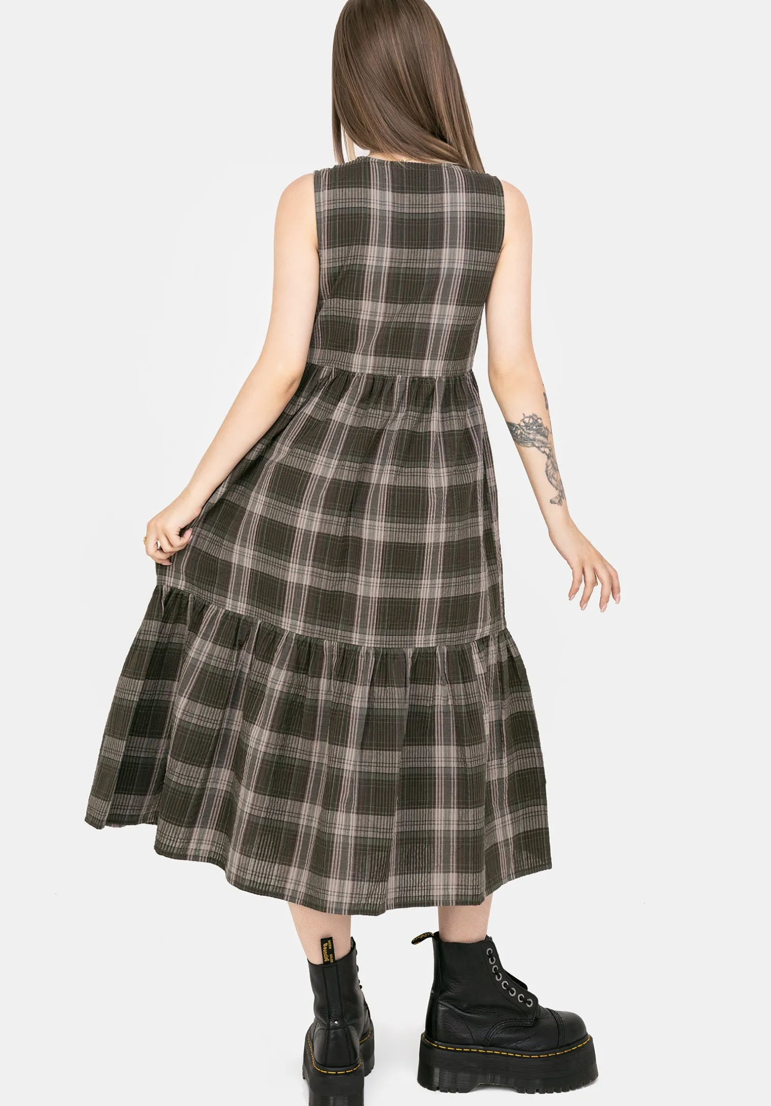 Clara Cotton Check Sleeveless Tiered Smock Midi Dress