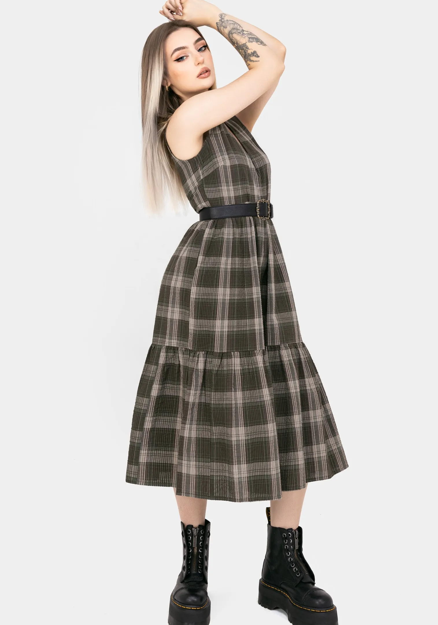 Clara Cotton Check Sleeveless Tiered Smock Midi Dress
