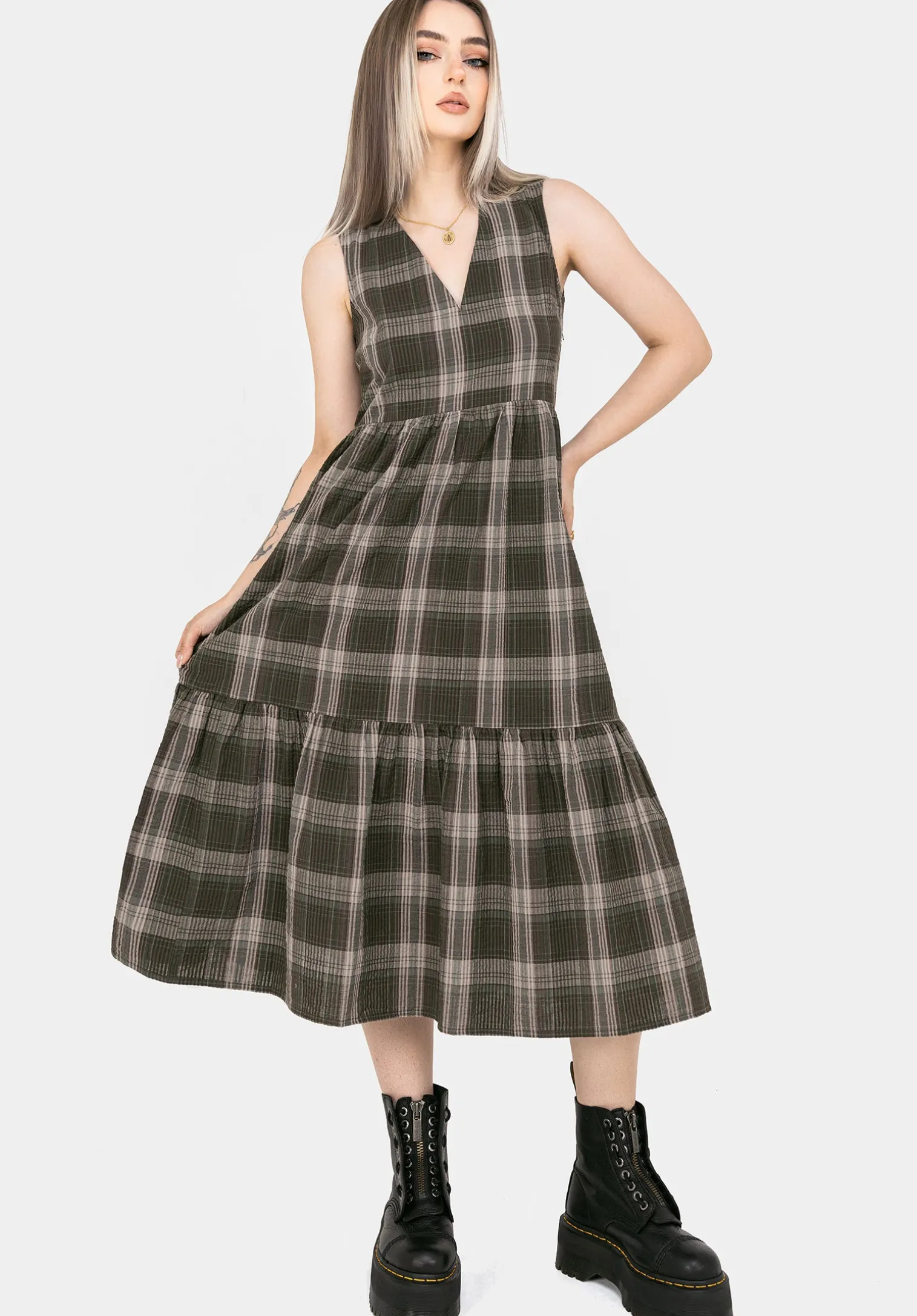 Clara Cotton Check Sleeveless Tiered Smock Midi Dress