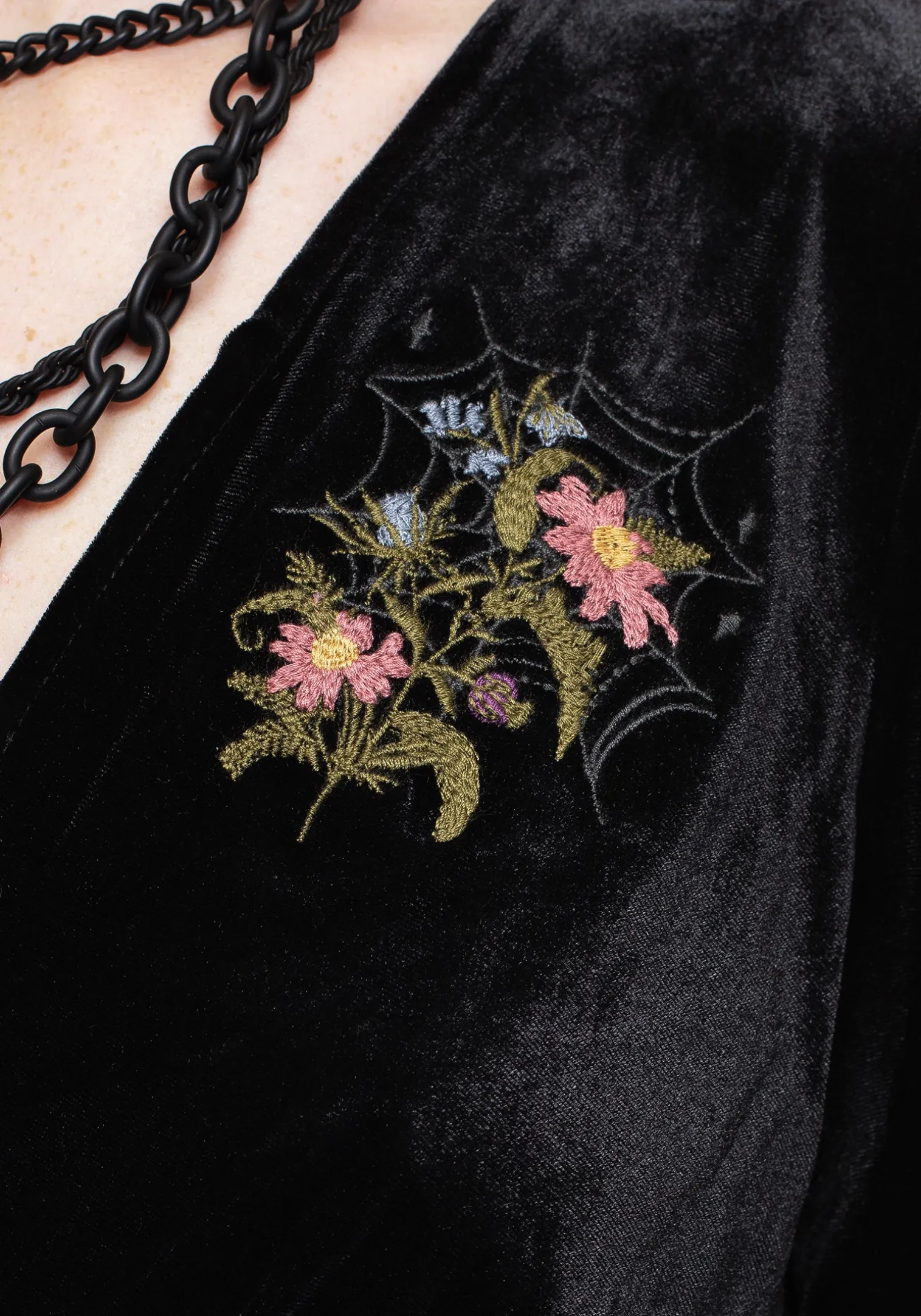 Cleome Floral Spiderweb Embroidered Velour Faux Wrap Mini Dress