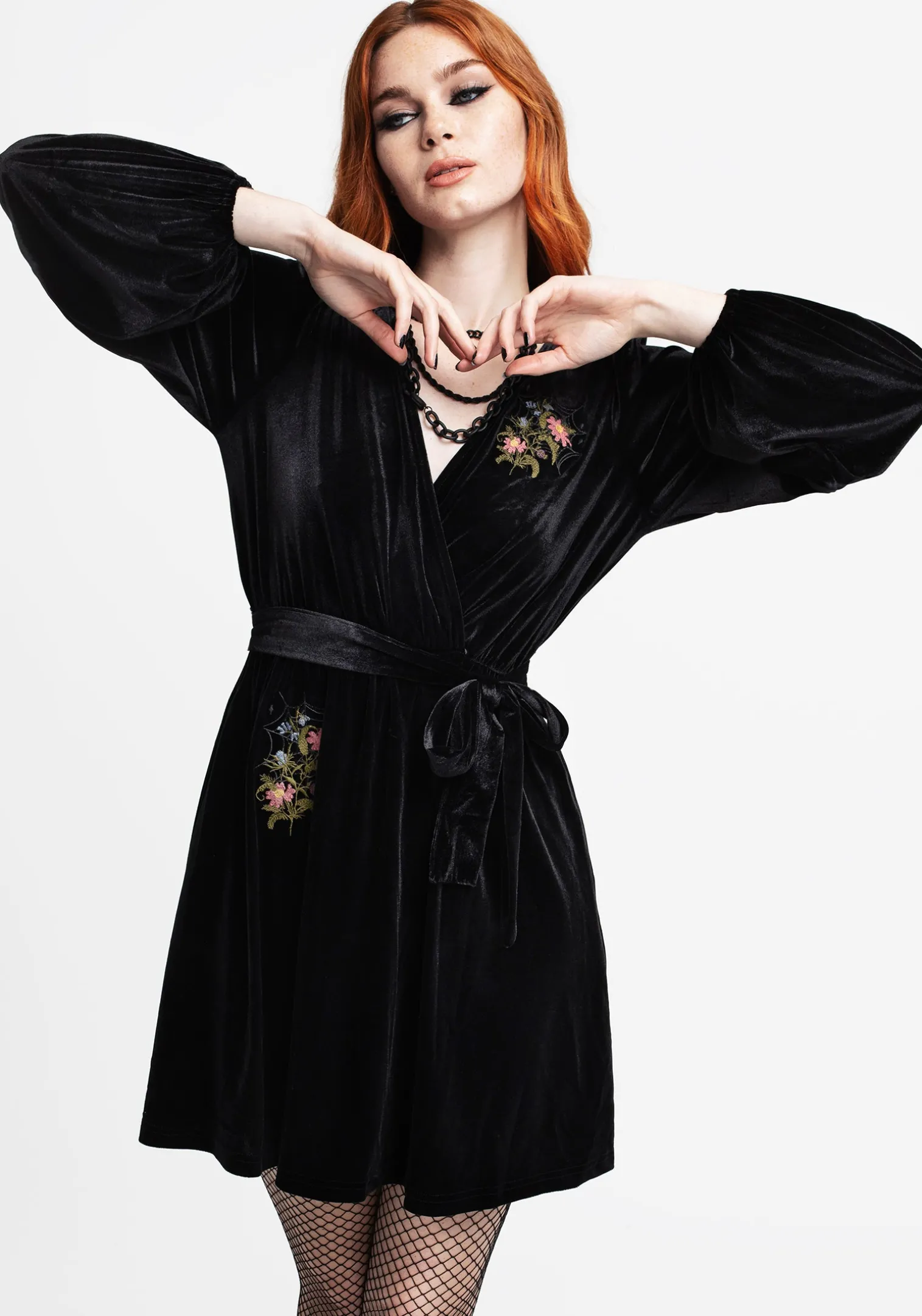 Cleome Floral Spiderweb Embroidered Velour Faux Wrap Mini Dress