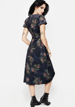 Cleome Floral Spiderweb Velour Corset Midi Dress