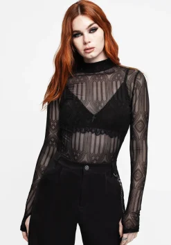 Cloister Flocked Mesh High Neck Long Sleeve Top