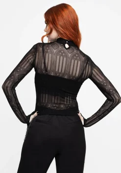 Cloister Flocked Mesh High Neck Long Sleeve Top