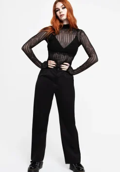 Cloister Flocked Mesh High Neck Long Sleeve Top