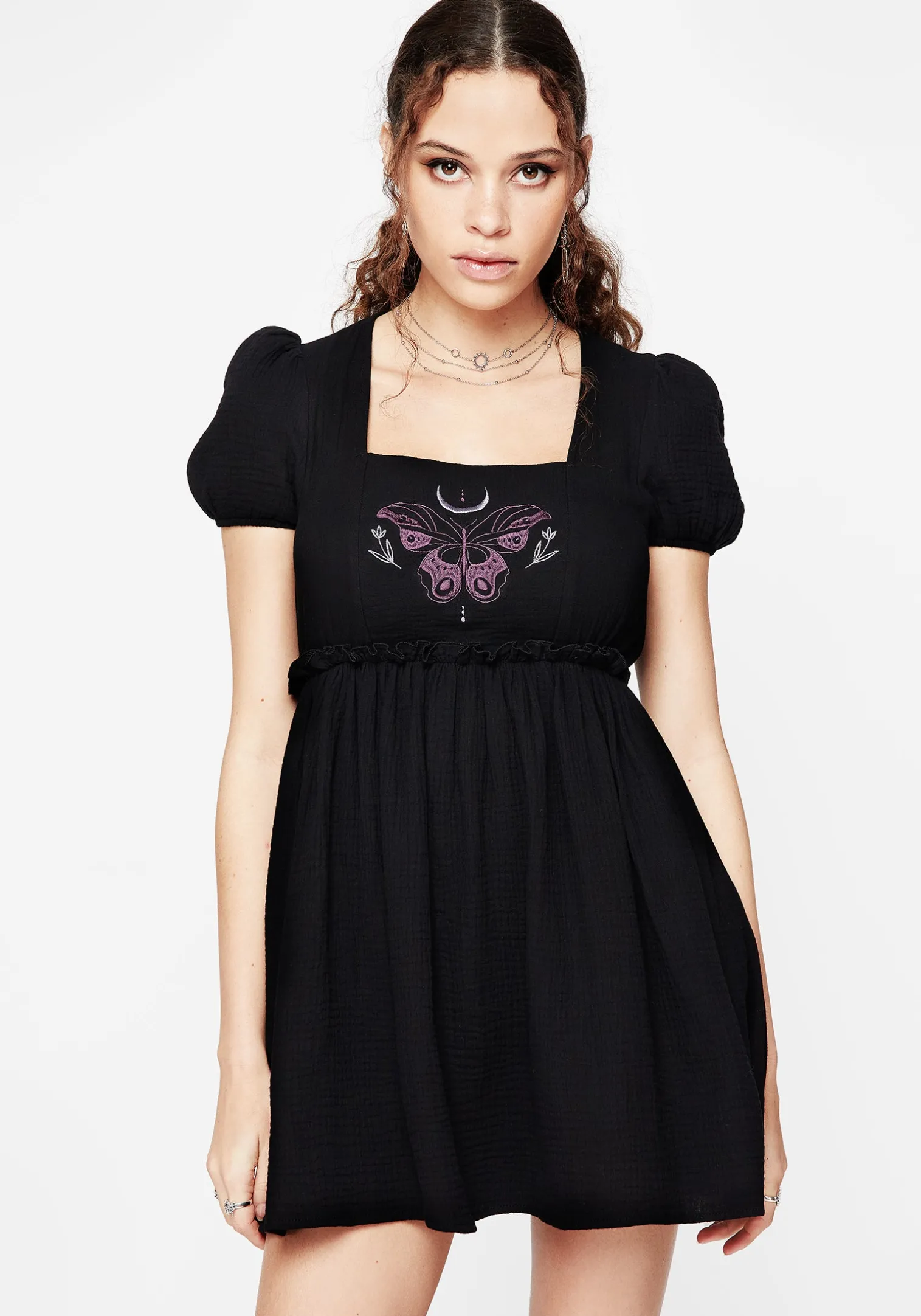 Cocoon Butterfly Embroidered Puff Sleeve Mini Dress