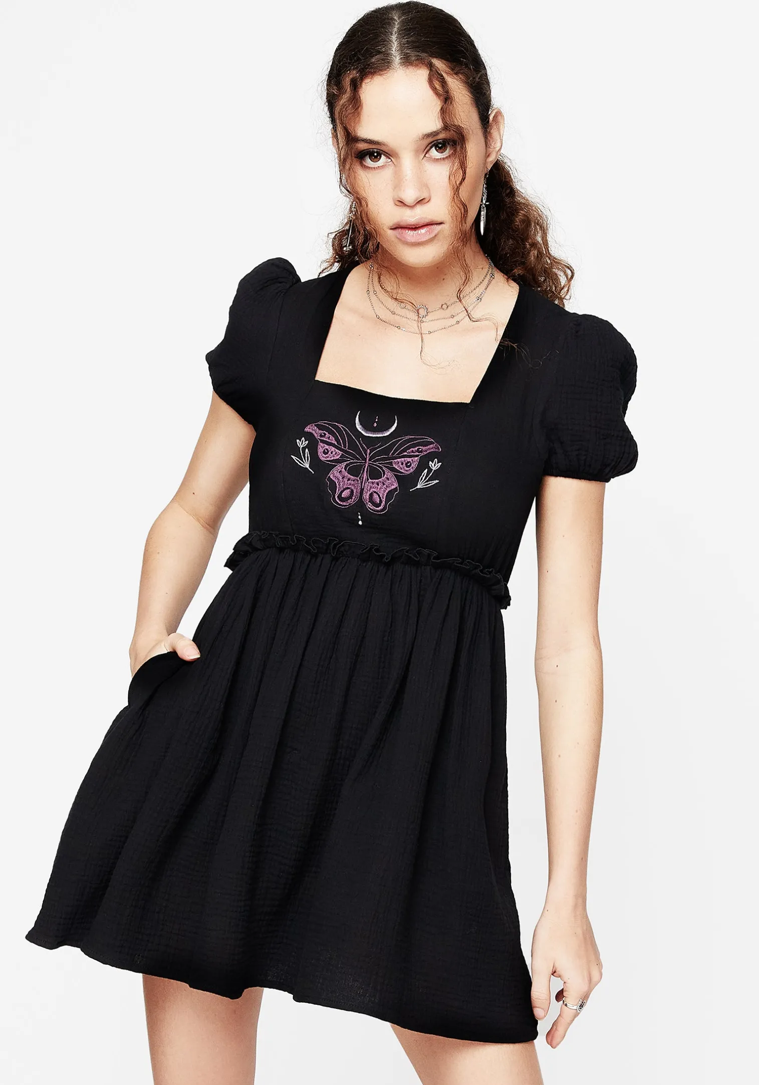 Cocoon Butterfly Embroidered Puff Sleeve Mini Dress