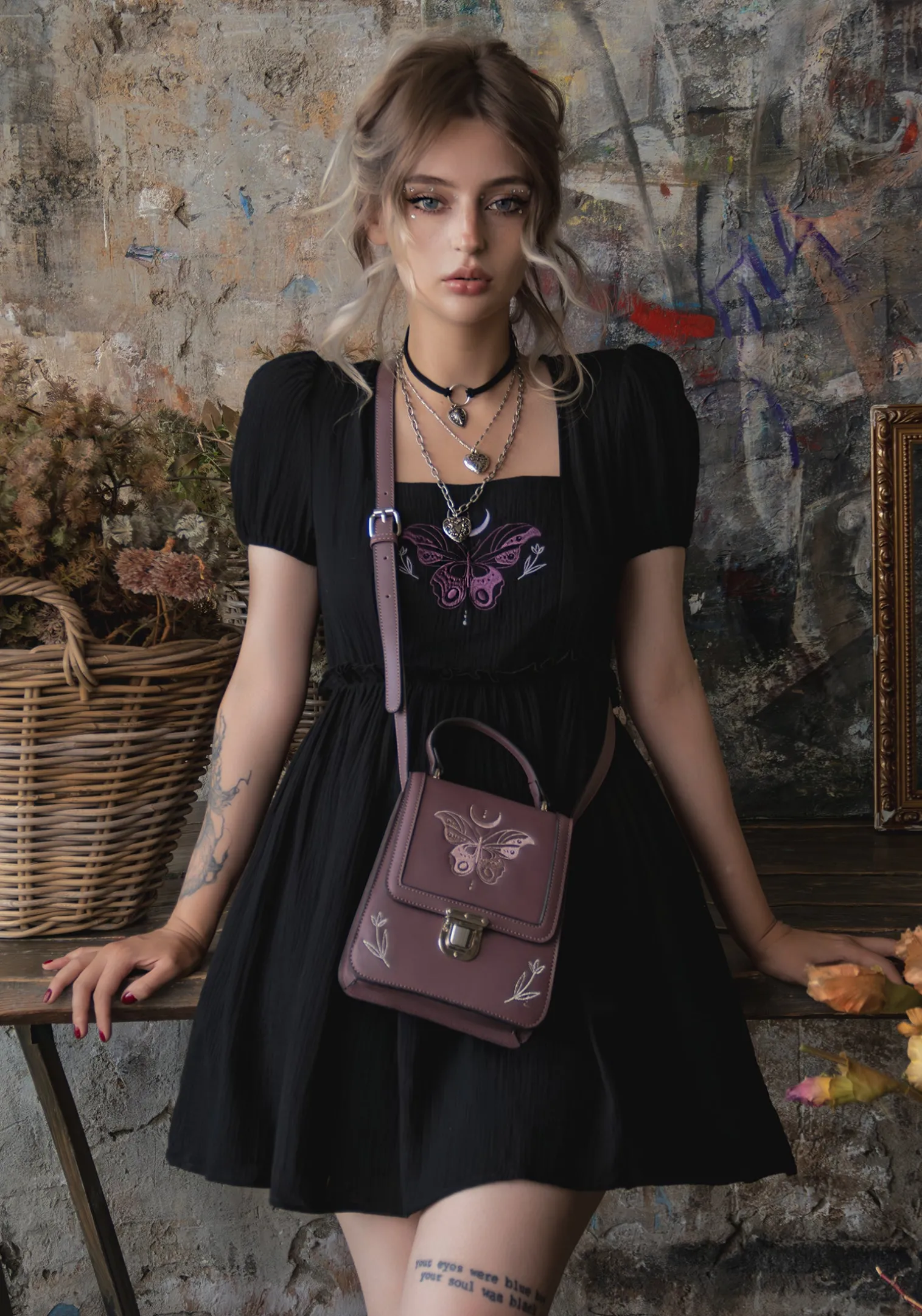 Cocoon Butterfly Embroidered Puff Sleeve Mini Dress