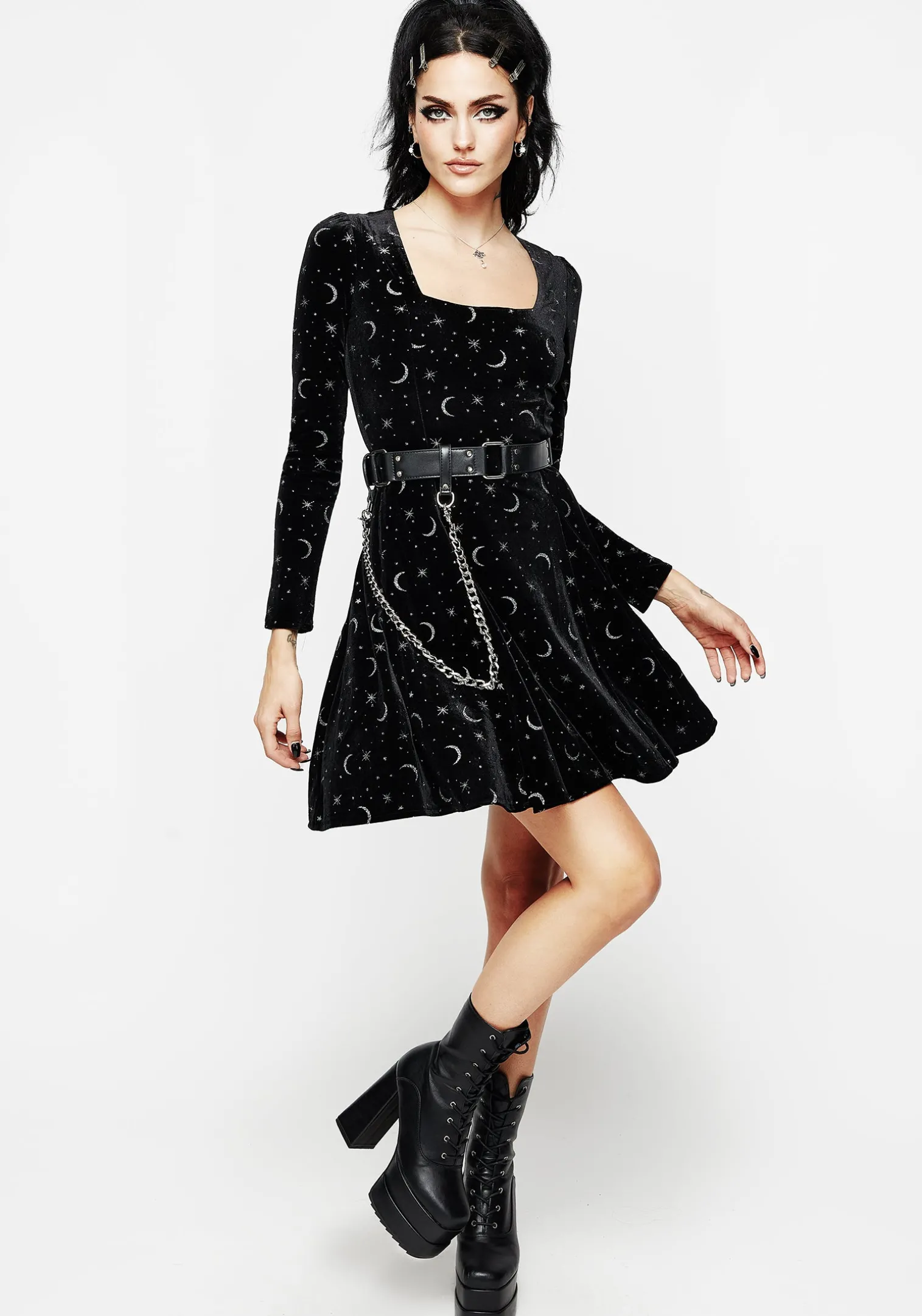 Constellation Glitter Print Velour Mini Dress