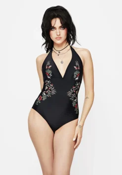Copia Floral Embroidered Halter Swimsuit