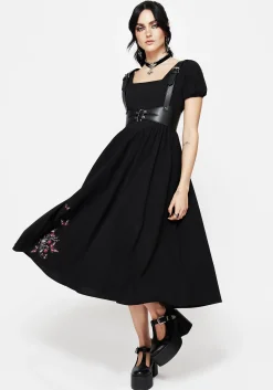 Copia Moth Embroidered Cotton Puff Sleeve Split Skirt Midi Dress