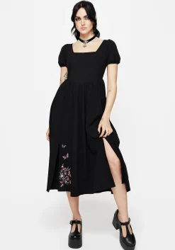 Copia Moth Embroidered Cotton Puff Sleeve Split Skirt Midi Dress