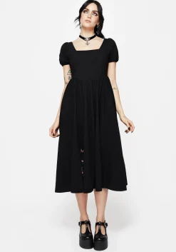 Copia Moth Embroidered Cotton Puff Sleeve Split Skirt Midi Dress
