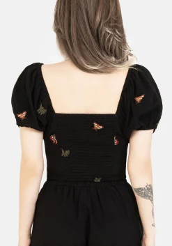 Copia Moth Embroidered Cotton Puff Sleeve Top