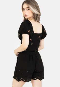 Copia Moth Embroidered Cotton Puff Sleeve Top