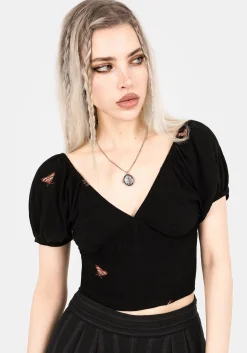 Copia Moth Embroidered Cotton Puff Sleeve Top