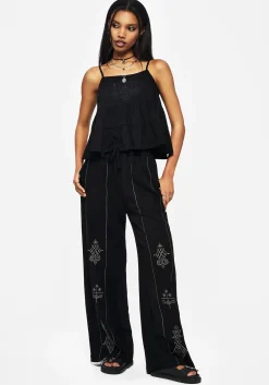 Cordata Linen-Blend Embroidered Tiered Cami Top - Black