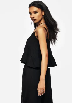 Cordata Linen-Blend Embroidered Tiered Cami Top - Black