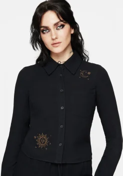 Cosmos Embroidered Button Up Crop Shirt