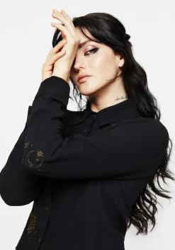 Cosmos Embroidered Button Up Crop Shirt
