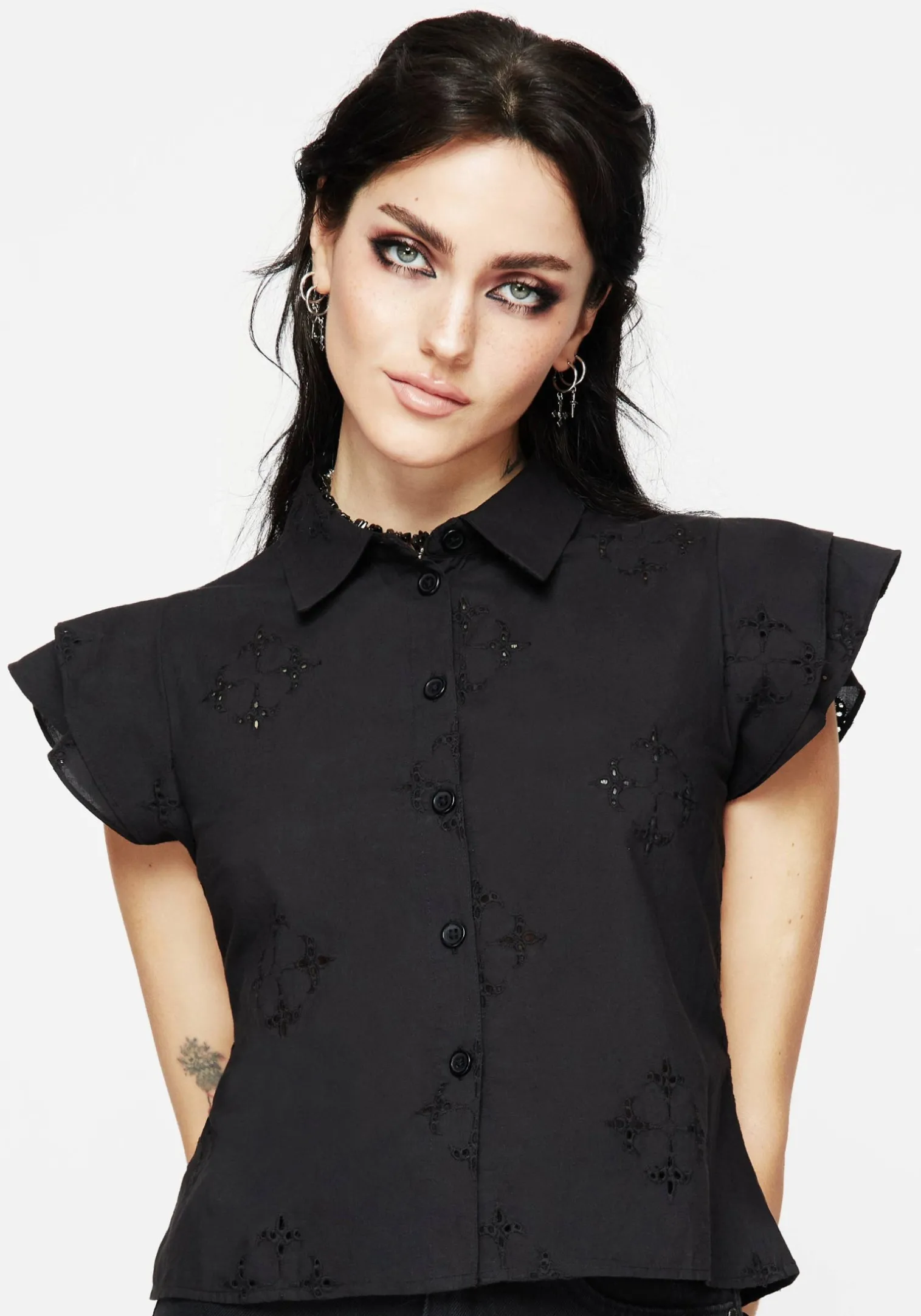 Crux Broderie Cotton Frill Sleeve Button Up Shirt