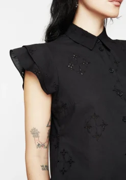 Crux Broderie Cotton Frill Sleeve Button Up Shirt