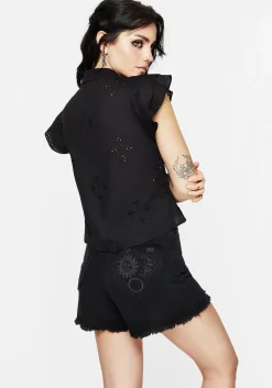 Crux Broderie Cotton Frill Sleeve Button Up Shirt