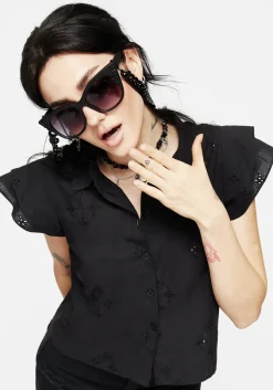 Crux Broderie Cotton Frill Sleeve Button Up Shirt