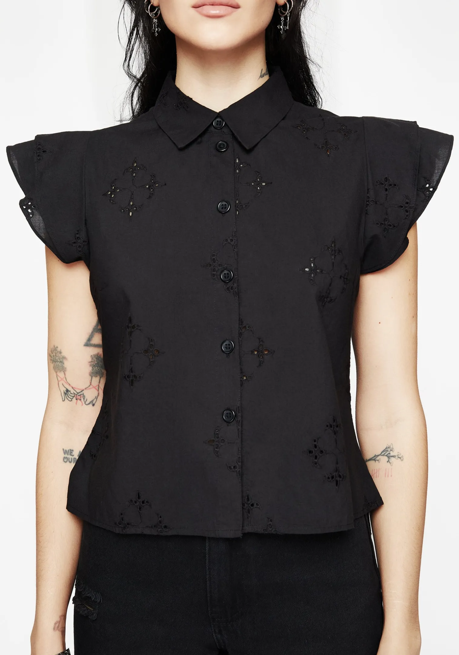 Crux Broderie Cotton Frill Sleeve Button Up Shirt