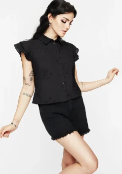 Crux Broderie Cotton Frill Sleeve Button Up Shirt