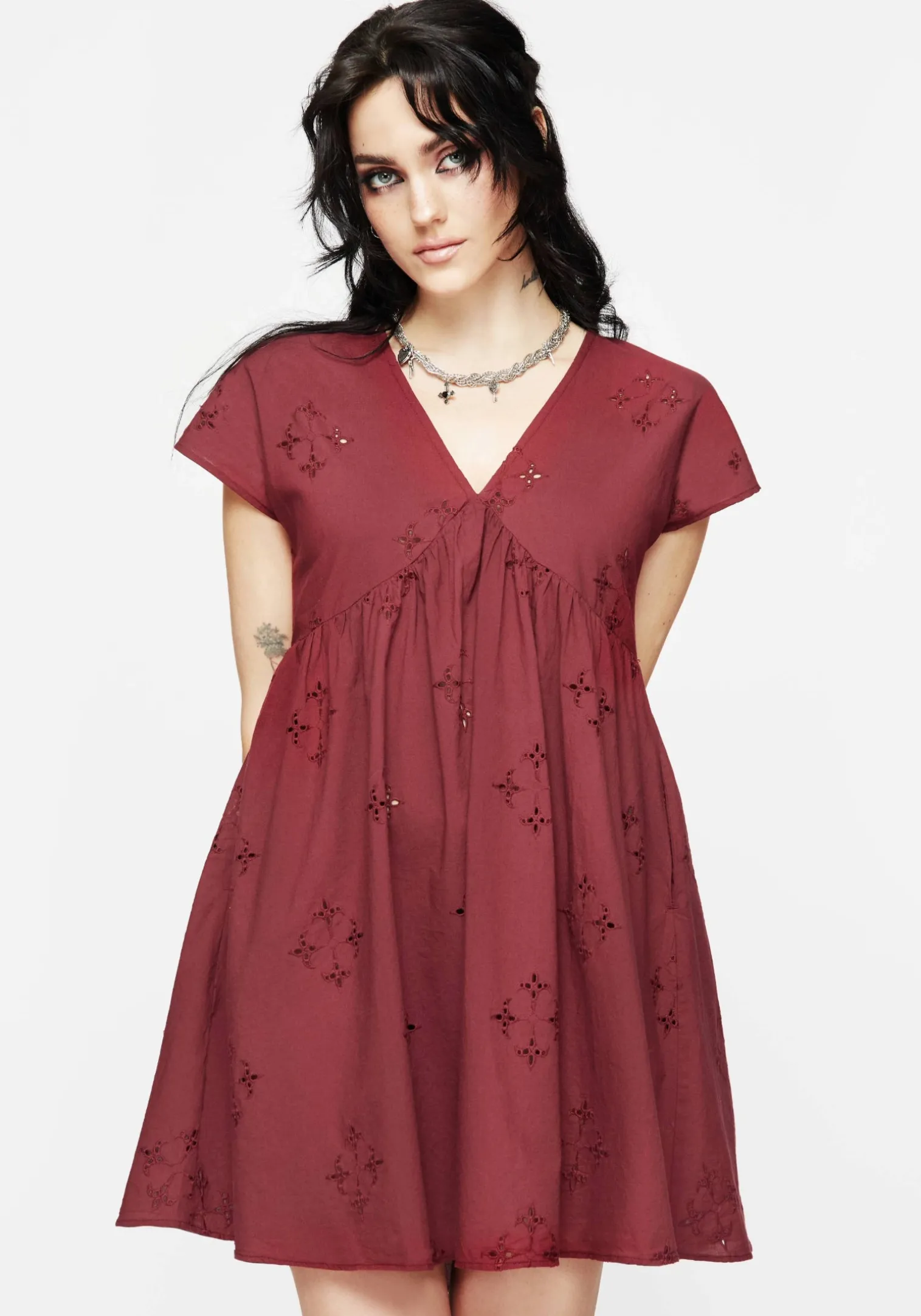 Crux Broderie Cotton Smock Mini Dress - Red