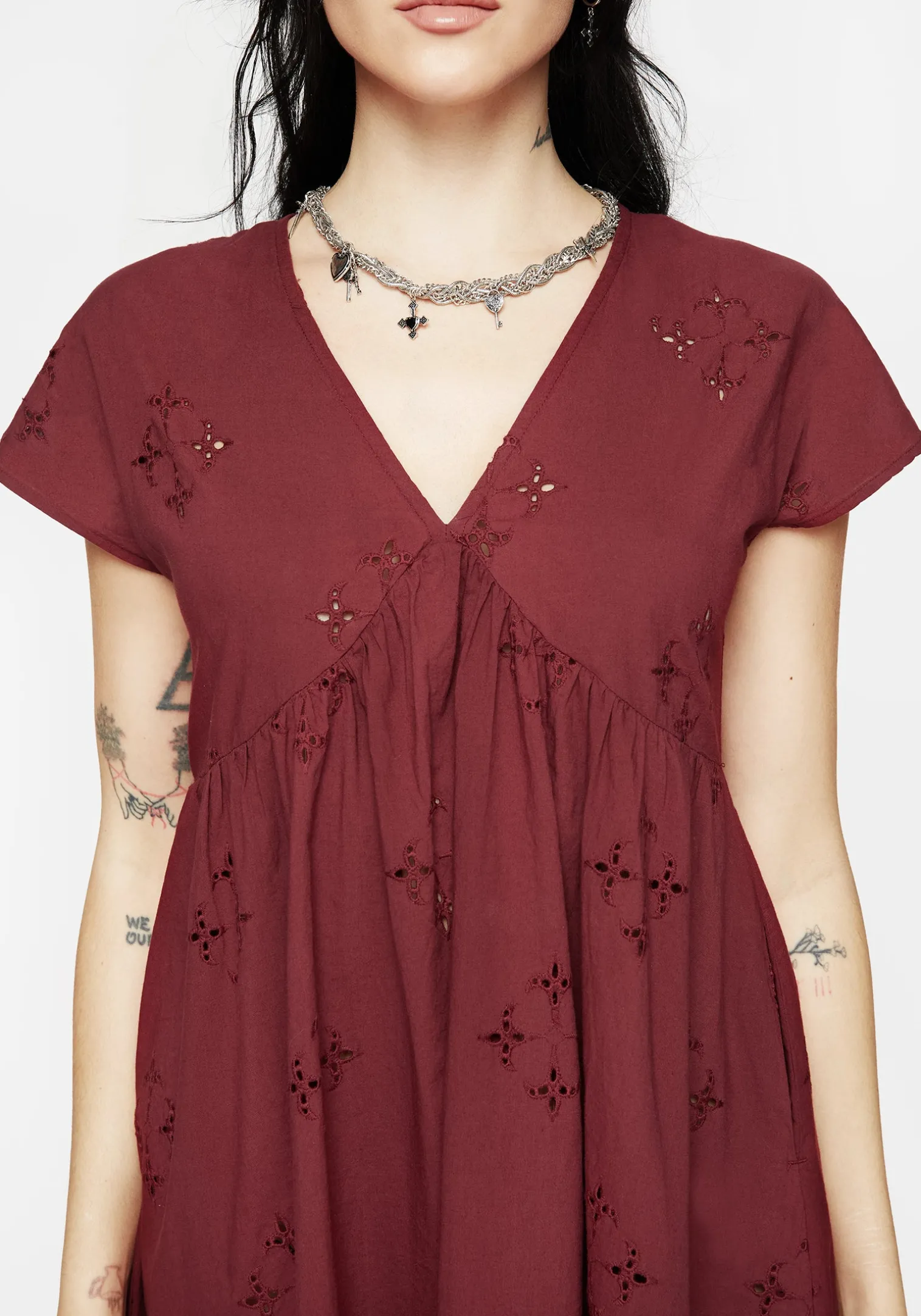 Crux Broderie Cotton Smock Mini Dress - Red