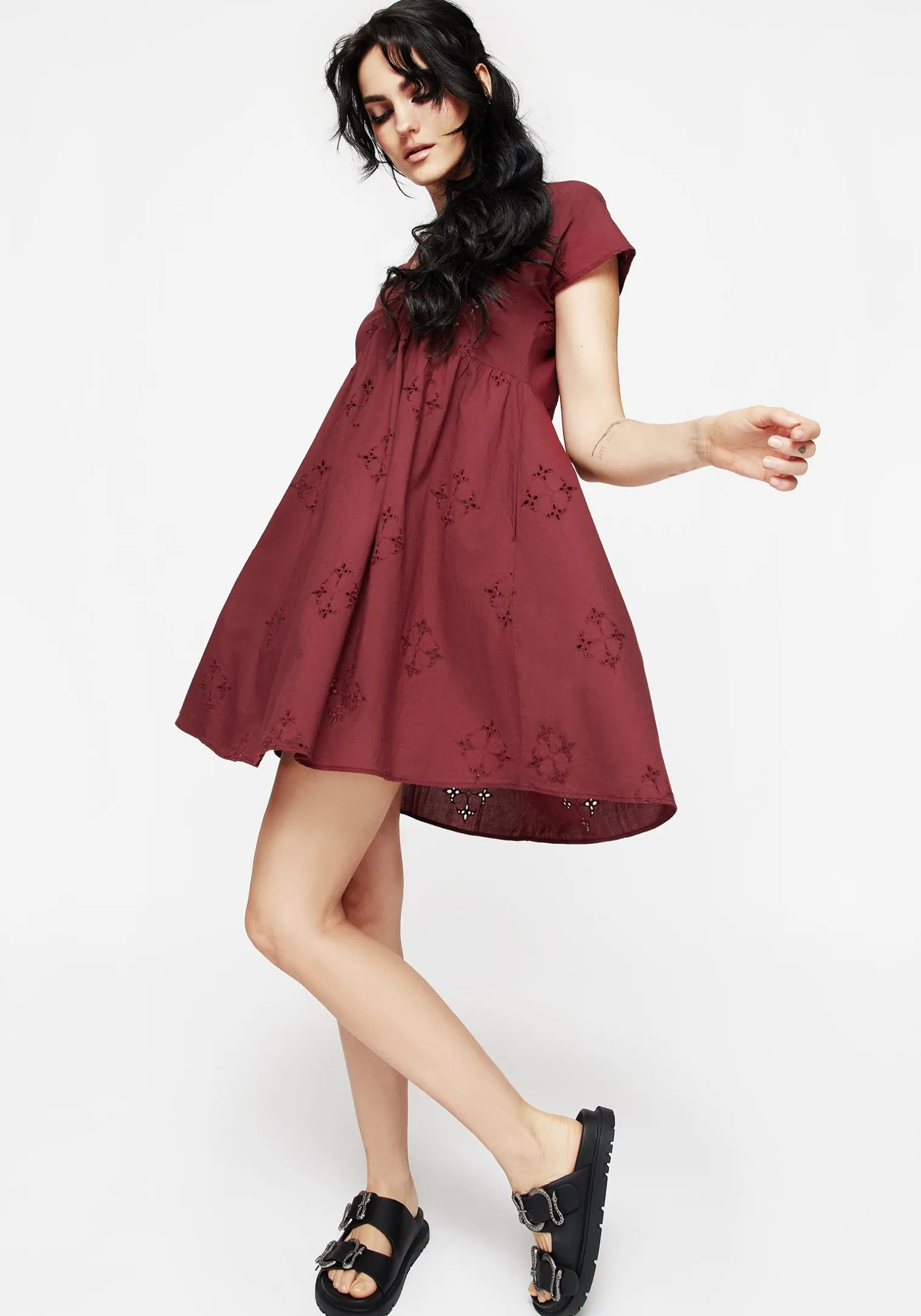 Crux Broderie Cotton Smock Mini Dress - Red